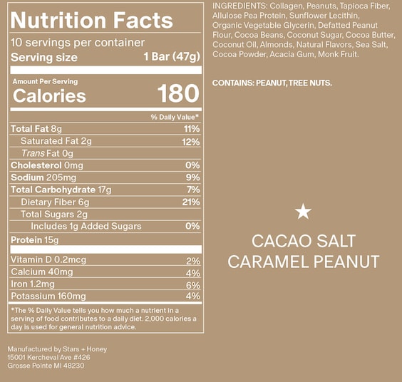 Product Image number 7 for Stars + Honey | The Protein Bar – Cacao Salt Caramel Peanut - All natural ingredients. Gluten Free, Dairy Free, Soy Free and no sugar alcohol sweeteners.